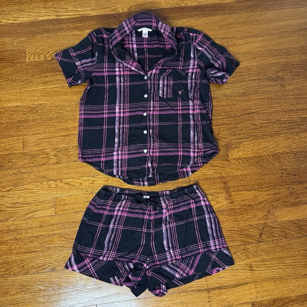 Victoria's Secret plaid pajama set Shirts/shirt Black And Pink Size XS